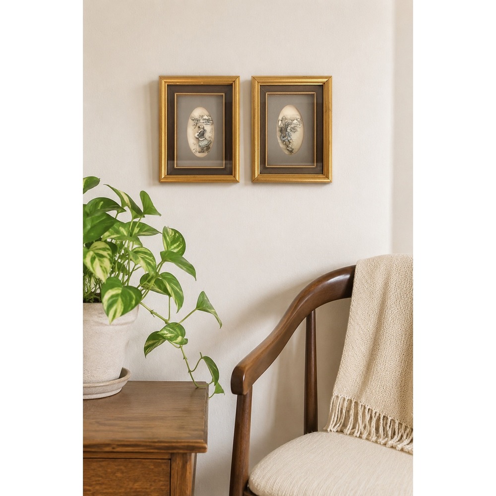 Vintage 3D Paper Tole Shadow Box Art Pair Dutch Village Gold Frame Cottage Decor